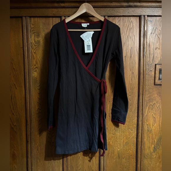 JOY ORGANIC dark brown & red cotton tunic top wrap dress. Long sleeve. Small. - Picture 2 of 4